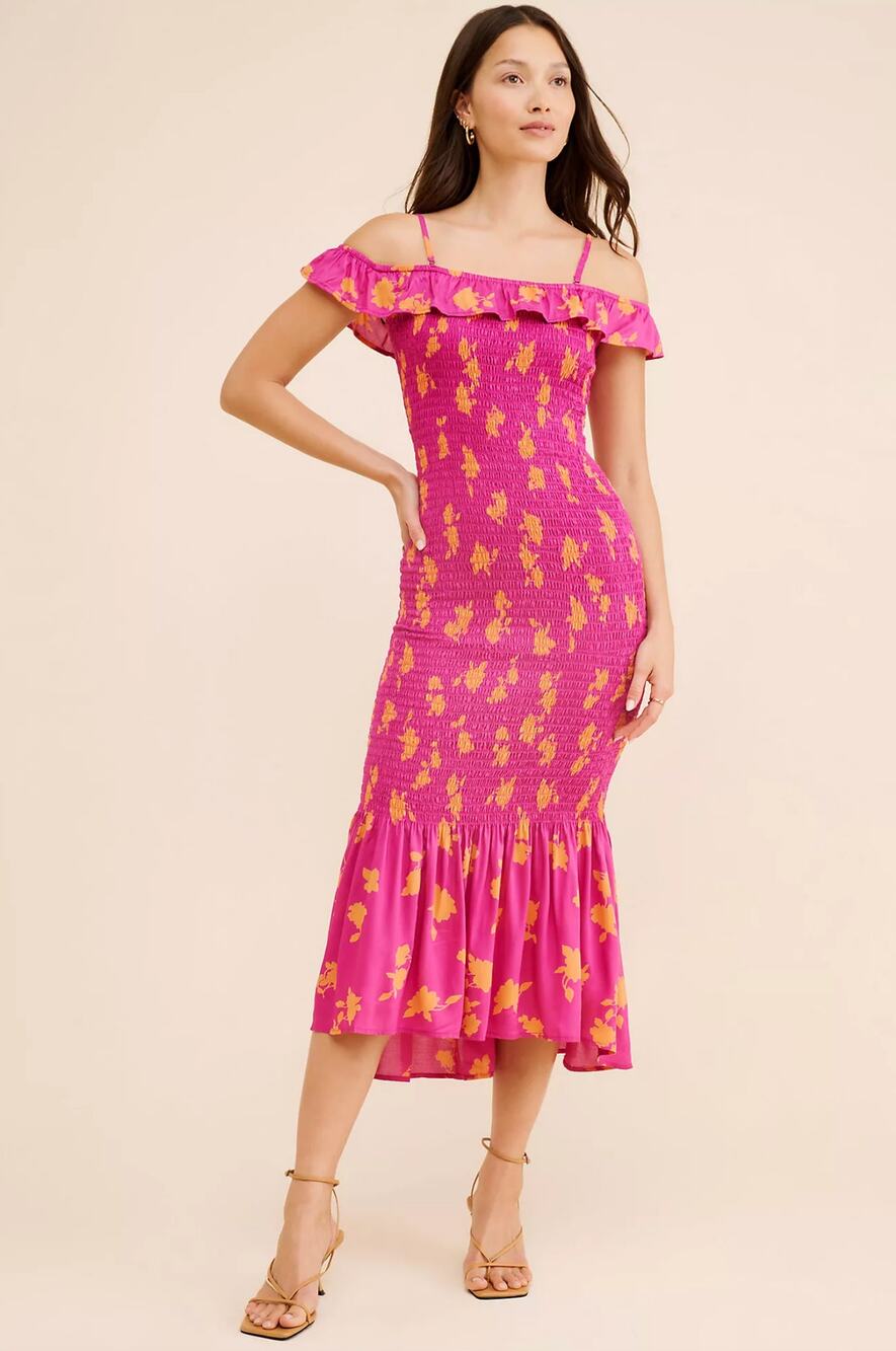 Anthropologie Purple Orange Floral Smocked Off The Shoulder Midi Dress XL NWT